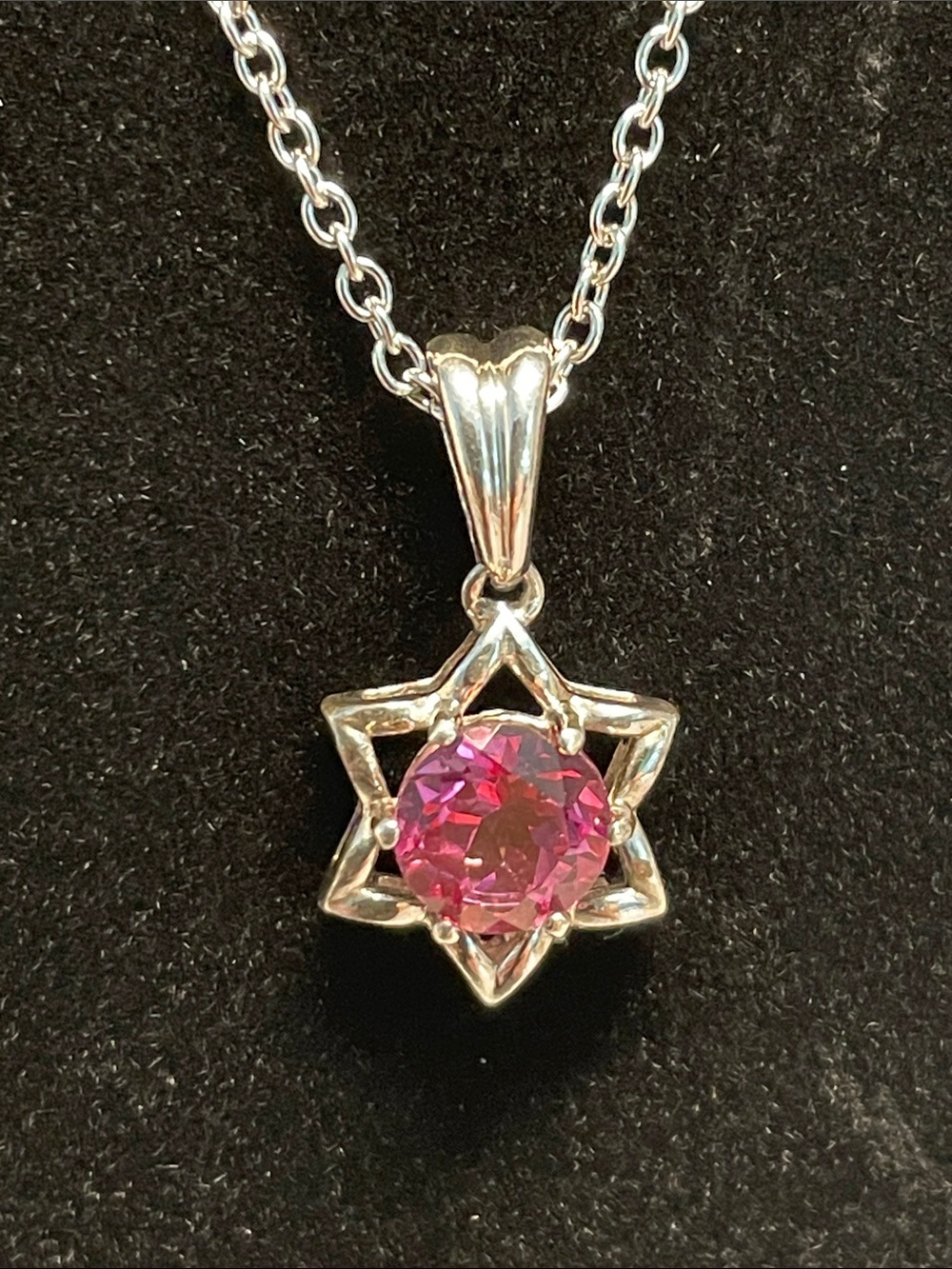 Sterling Silver Star Pendant Necklace with Pink Gem
